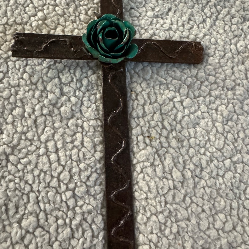 Rustic Brown Cross with Green Rose Accent